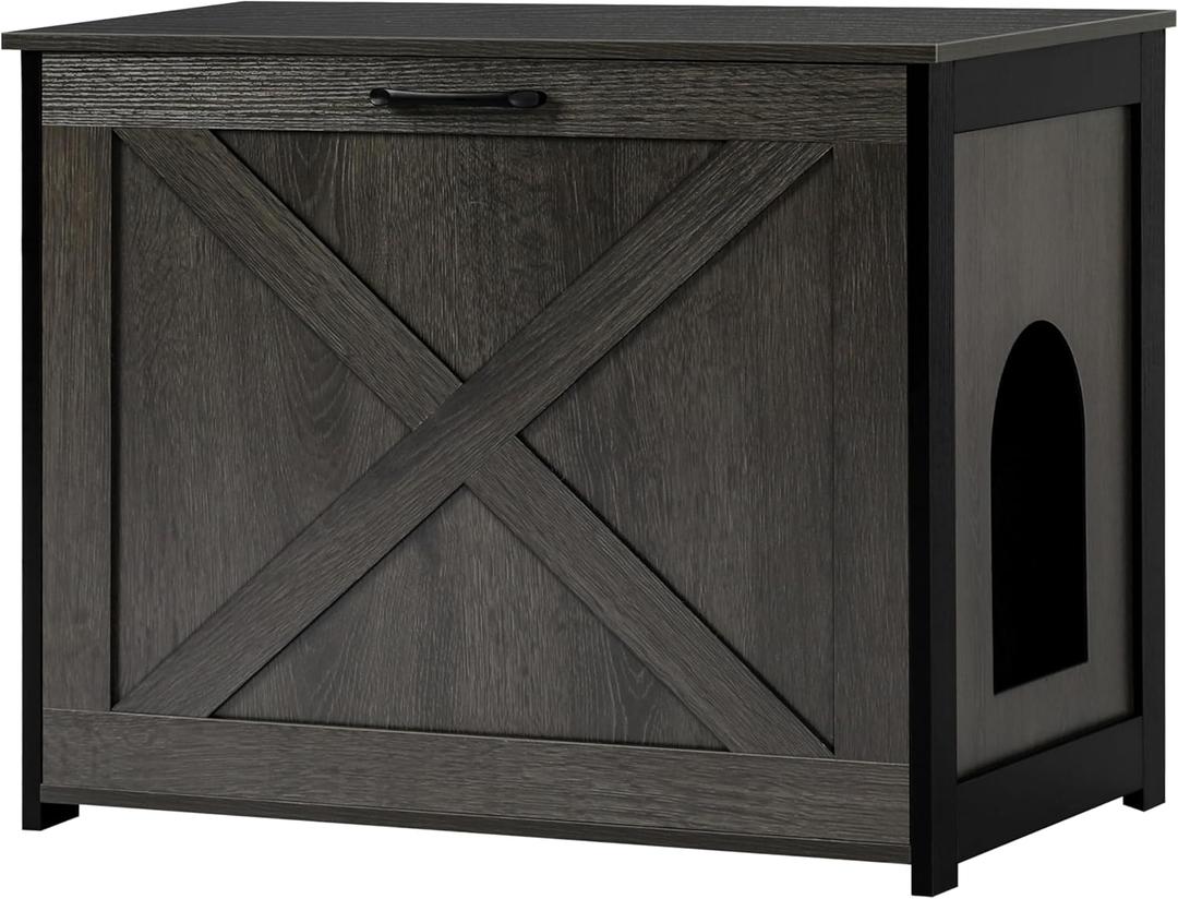 Dwanton Cat Litter Box Furniture Hidden, Cat Litter Box Enclosure, Reversible Entrance Can Be on Left or Right Side, Indoor Cabinet, Wooden Washroom, End Table, Nightstand, Dark Gray, 27.6" L