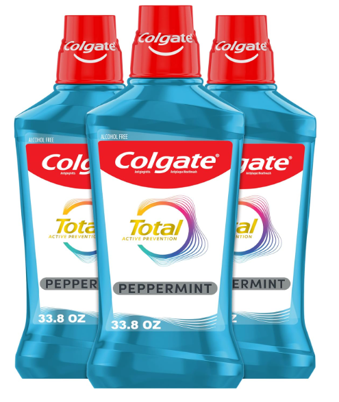 Colgate Total Alcohol Free Mouthwash, Peppermint for Bad Breath, Helps Prevent Gingivitis and Plaque, 3 Pack, 33.8 Oz Each