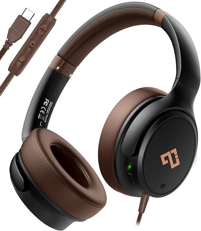 USB C Headphones Wired Headphones Over Ear with HD Mic, Foldable Active NoiseCanceling Headphone for iPad/Sports/School/Travel/iPhone 17/16/15, Samsung S25/S24, Google Pixel 9,Ideal GiftsBrown