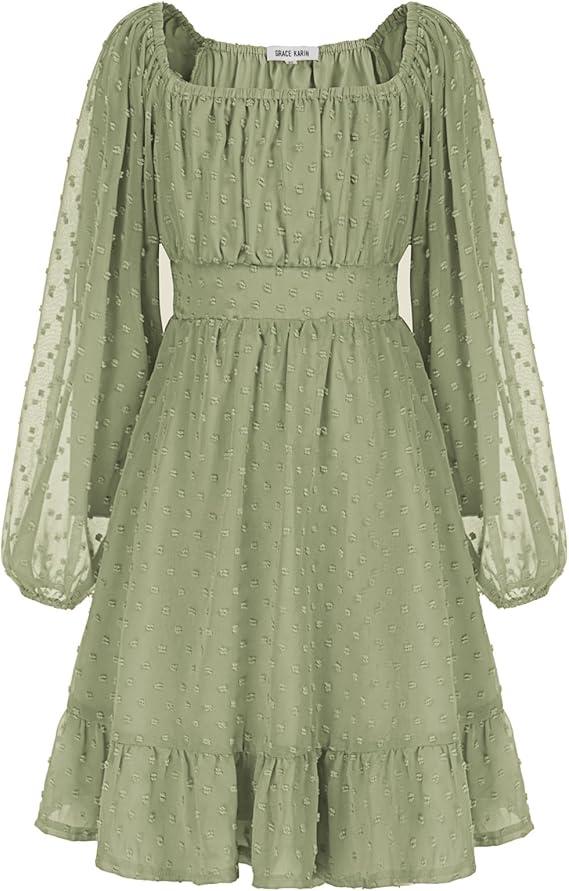 GRACE KARIN Girls Ruffle Tiered Dress Long Sleeve Swiss Dot Flowy A-Line Dress 10Y