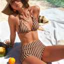 ZAFUL High Waisted Bikini Sets for Women with Boyshort Bathing Suit Triangle Top Colorblock Tie Back Swimsuit Brown, S