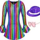 70s Disco Costume Outfit for Girls Bell Sleeve Sequins Dance Dress with Accessories Age 3-10 (3-4T Height 39.4-41.8in, Multicolour)