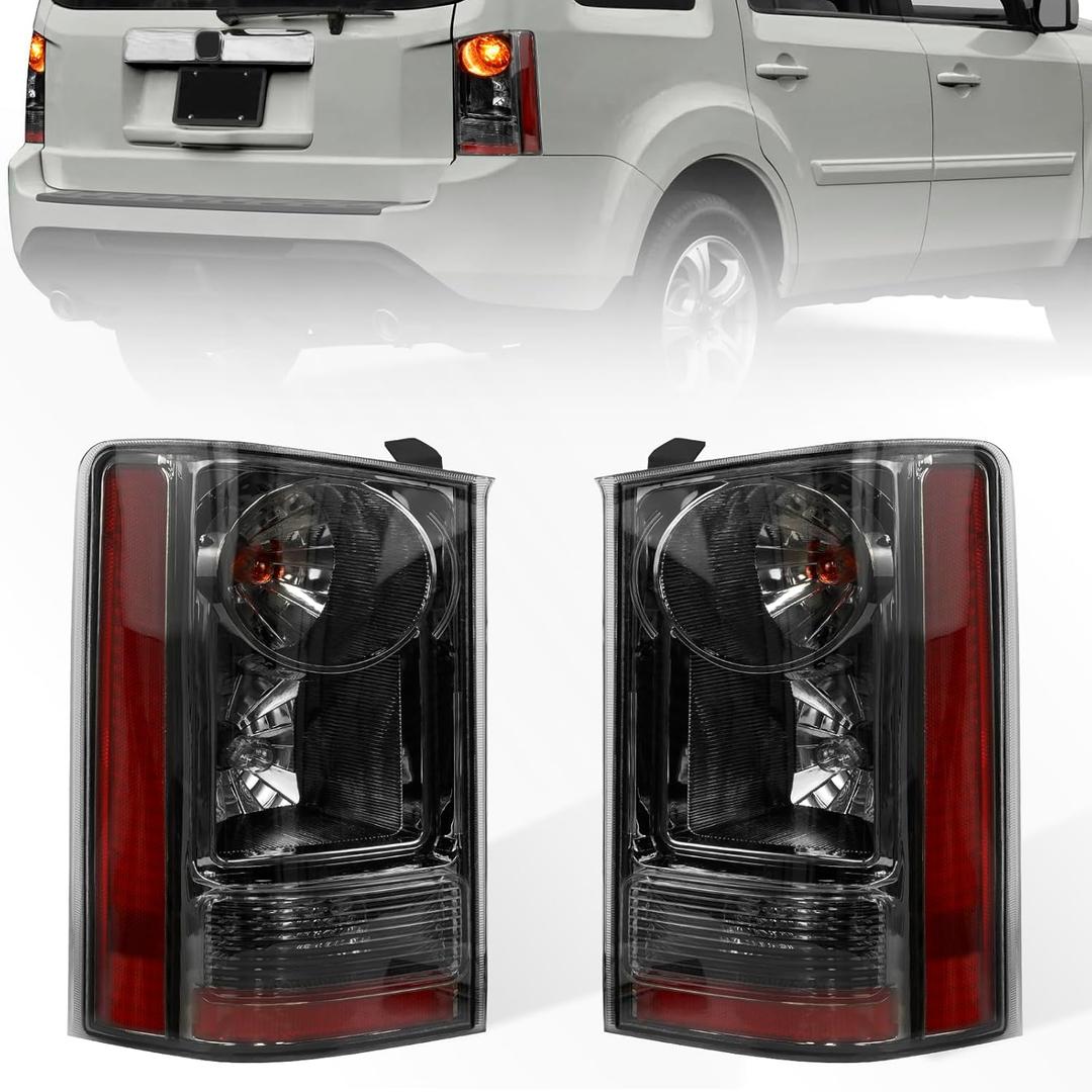 Pair Smoke Lens Tail Light Assembly Compatible with Honda Pilot 2009 2010 2011 2012 2013 2014 2015 Taillight Rear Lamp With Halogen Bulbs & Wiring Harness Replace for HO2800174, 33500SZAA01, HO2801174