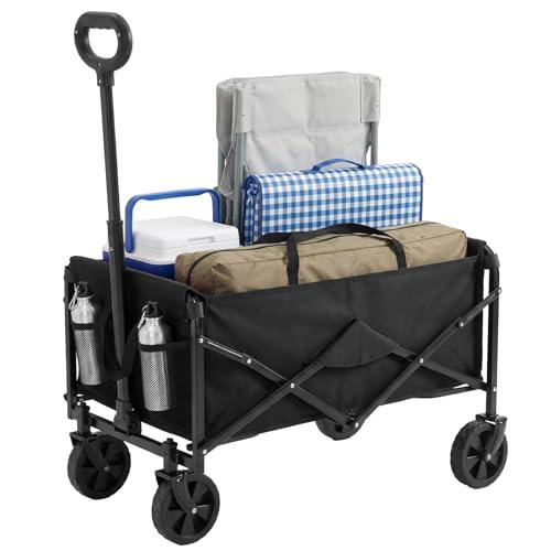 DUMOS Collapsible Wagon Cart, Heavy Duty Foldable Utility Wagon with Wheels – 220 lbs Capacity, Flexible Handle for Beach, Garden, Sports, Grocery & Camping, Black 67L