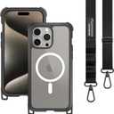 MAGEASY Case with Strap for Phone 15 Pro Max - Heavy Duty 16ft Drop Protection, 6.7" Crossbody Case with Lanyard, Compatible with MagSafe - Odyssey M + Strap | Embedded Leather Frame
