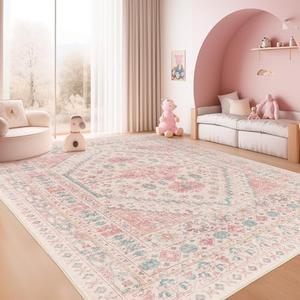 zesthome 8'x10' Area Rugs for Girls Bedroom, Low Pile Machine Washable Rugs, Vintage Large Pink Rugs, Stain Resistant Nursery Room Rug, Baby Crawling Rug (Pink/Blue,8'x10')