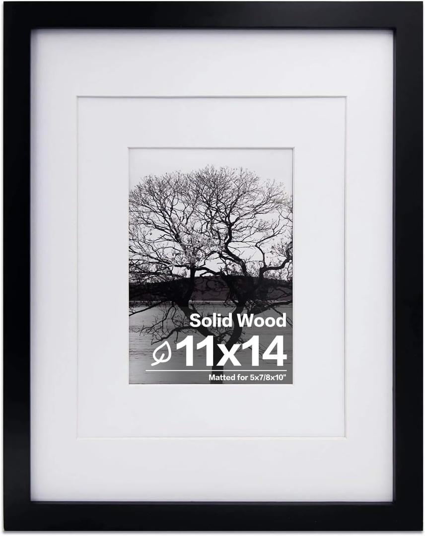 Egofine 11x14 Picture Frame Black - Photo Frame Made of Solid Wood Covered by Plexiglass for Table Top Display Pictures 5x7/8x10 with Mat or 11x14 Without Mat with Wall Mounting Hardware