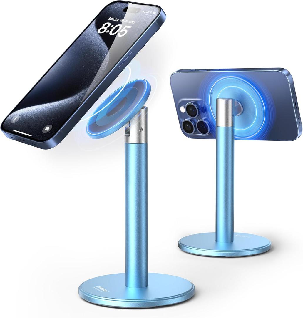 Nulaxy Magnetic Fully Aluminum Phone Stand, 360 Rotating Cell Phone Stand for Desk with Metal Ring, Adjustable Phone Holder Compatible with Phone 17 16 15 14 13 Pro and MagSafe Case, Blue