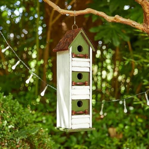 Glitzhome Bird Houses for Outside, Blue Bird Houses for Outdoors,18" H Distressed Outdoor Garden Wooden Birdhouse Decorative Hanging Bird House with Shutter Texture for Hummingbird,Sparrow,Wren Finch