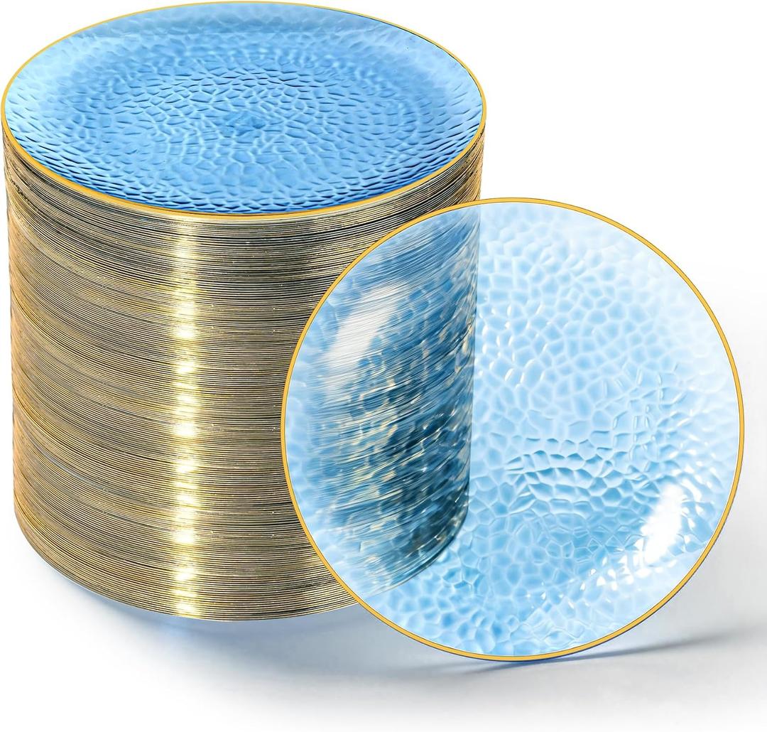 100PCS Clear Blue and Gold Plastic Plates, 7 Inch Disposable Dessert Plates with Gold Rim, Heavy Duty Hammered Plastic Plates for Party and Weddings