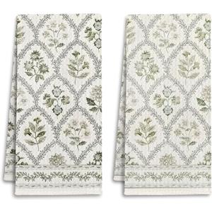 Boho Botanical Floral Kitchen Towels, Farmhouse Cottagecore Dish Tea Towels for Kitchen Decor, Retro Art Nouveau Flower Decorative Hand Towel for Bathroom, 16x24 Inches Set of 2