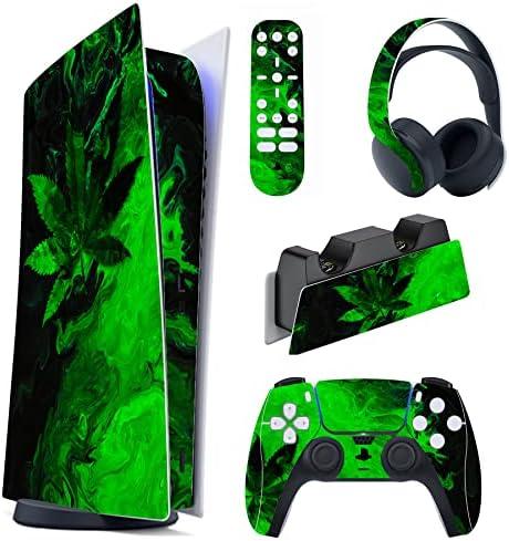 PlayVital Green Leaf Full Set Skin Decal for ps5 Console Digital Edition, Sticker Vinyl Decal Cover for ps5 Controller & Charging Station & Headset & Media Remote