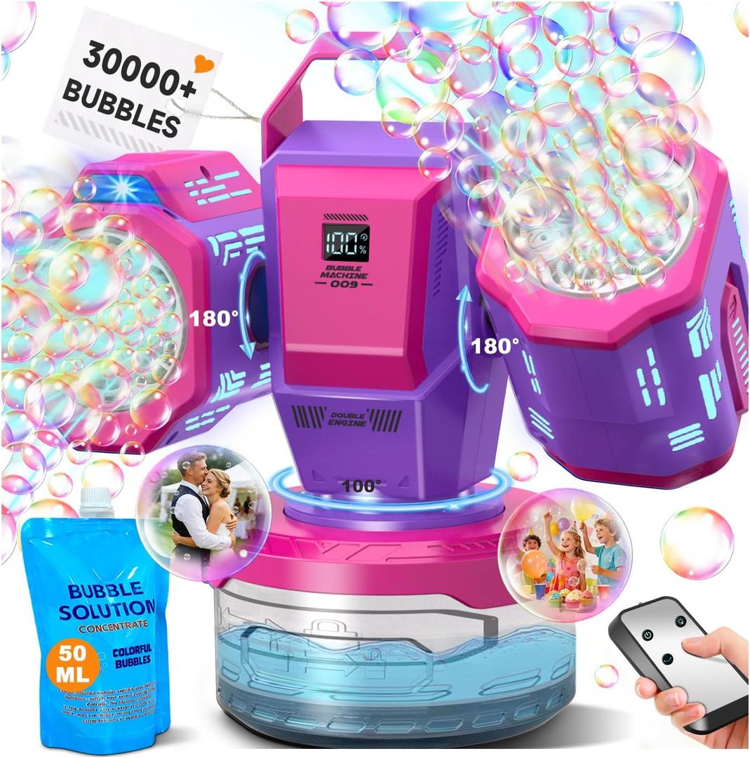 Rechargeable Bubble Machine with RGB Lights: 30,000 Bubbles/Min Storm, Auto 360 Rotation, Battery% Display - Remote Control Bubble Maker for Romantic Wedding, Kids Party & Outdoor Events