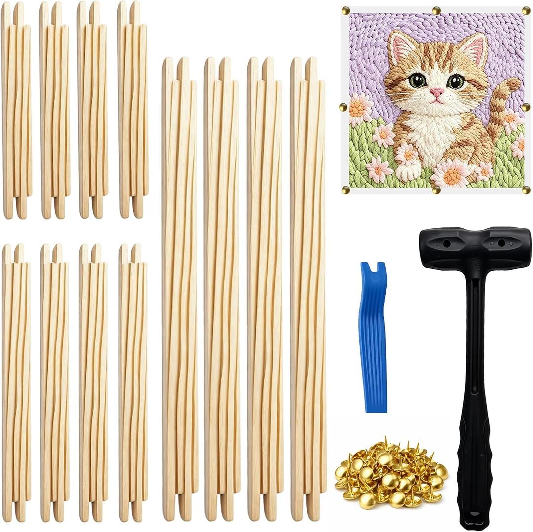 Wooden Needlepoint Stretcher Bars Kit 12pcs 6/8/12 Inch Frame with 100 Tacks, Rubber Mallet & Pry Tool for Embroidery, Cross Stitch 6 Adjustable Sizes for Beginners, Artists, DIY Crafts