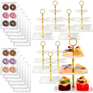 Teenyyou 20 Pack Dessert Table Display Set 8 Pcs 3 Tiered Cupcake Stand with Gold Edges 12 Pcs White Dessert Serving Tray for Wedding Birthday Tea Party Decorations(Round)