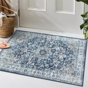 Beeiva Vintage Indoor Rug for Entryway, 2x3 Low Pile Washable Area Rug with Non Slip Backing, Small Entry Door Mat for Insides House, Bathroom, Bedside, Kitchen - Blue
