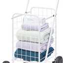 Whitmor Folding Utility Shopping Cart with Wheels, Heavy Duty Metal Grocery Cart, Portable Foam Handle, Rolling Collapsible Trolley for Groceries, Laundry, Storage, White