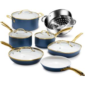 Gotham Steel 12 Pc Ceramic Cookware Set Nonstick, Ceramic Pots and Pans Set Non Stick with Steamer for Cooking, Non Toxic PFOA PFOS Free, Premium Stay Cool Handles, Oven & Dishwasher Safe (Navy Gold)