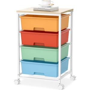 Utility-Rolling-Storage-Drawer-Craft-Cart-Organizer with 4 Drawers and Wooden Tabletop & Lockable Wheels for Home Office, Bedroom, Kids Room, Classroom, 4 Tiers Under Desk Drawer Cart, Macaron