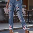 EVALESS Ripped Jeans for Women Plaid Patch Boyfriend Skinny Distressed Denim Jean Pants (Blue, L)