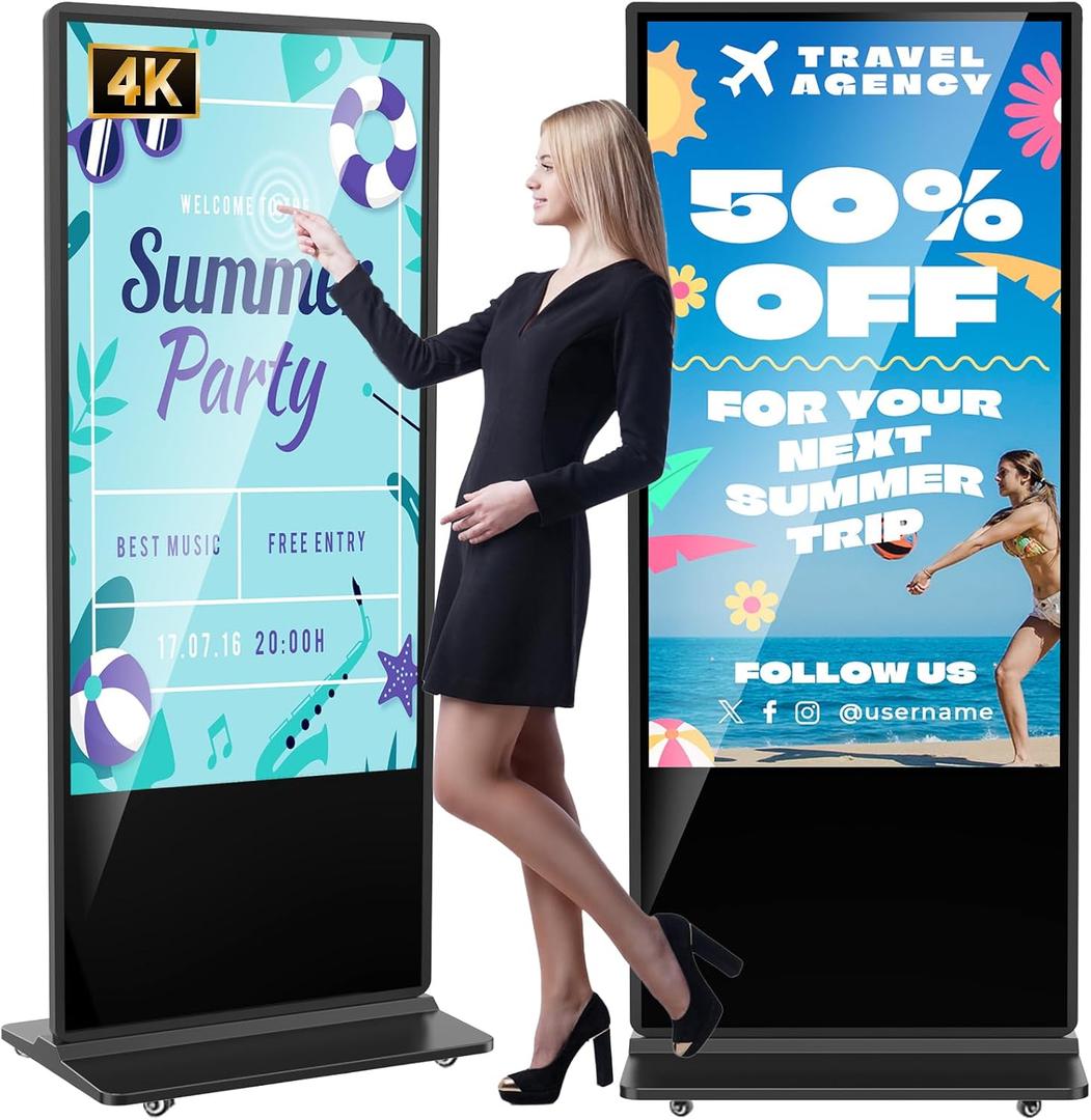 YCKJNB 65 inch Indoor Digital Signage, 4K UHD Touchscreen, CMS Software, LCD Screen IPS Floor Standing Digital Kiosks Interactive Displays with WiFi HDMI/USB Input Auto AD Player, Android OS Black