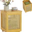 End Table for Living Room, Small Side Table with Storage, Bamboo Rattan Weave with Removable Cushion Top, Multifunctional Nightstand Ottoman Footrest Seat & Organizer for Bedroom, Office (Natural Wood Color)