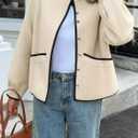 Cicy Bell Womens Button Down Bomber Jackets Puff Sleeve Cropped Pea Coats Casual Fall Color Block Outerwear (Medium, Beige)