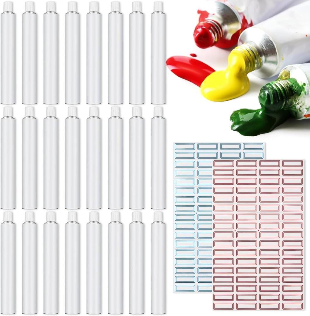 Qeeenar 24 Pcs Empty Aluminum Paint Tubes 20 ml Paint Tubes for Making Paint and Store Remaining Paint Acrylic Oils Watercolor Gouaches, with 2 Sheets Self Adhesive Label