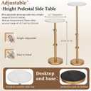 Adjustable Height Marble Drink Table, 10 x 10 x 22-31 Inches, White Marble & Antique Brass Metal Martini Table for Small Spaces, Living Room, Bedroom and Balcony, Comes with 2 Coasters