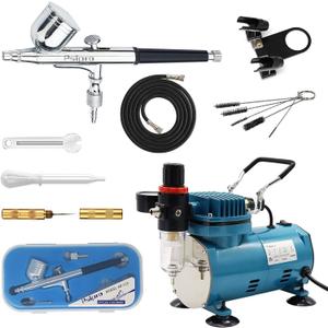 1/5HP Airbrush Kit with Compressor Gravity Dual-action Airbrush, Airbrush Holder, Cleaning brush and 6 Foot Hose for Model Painting, Hobby, Body Tottoo and Make-up