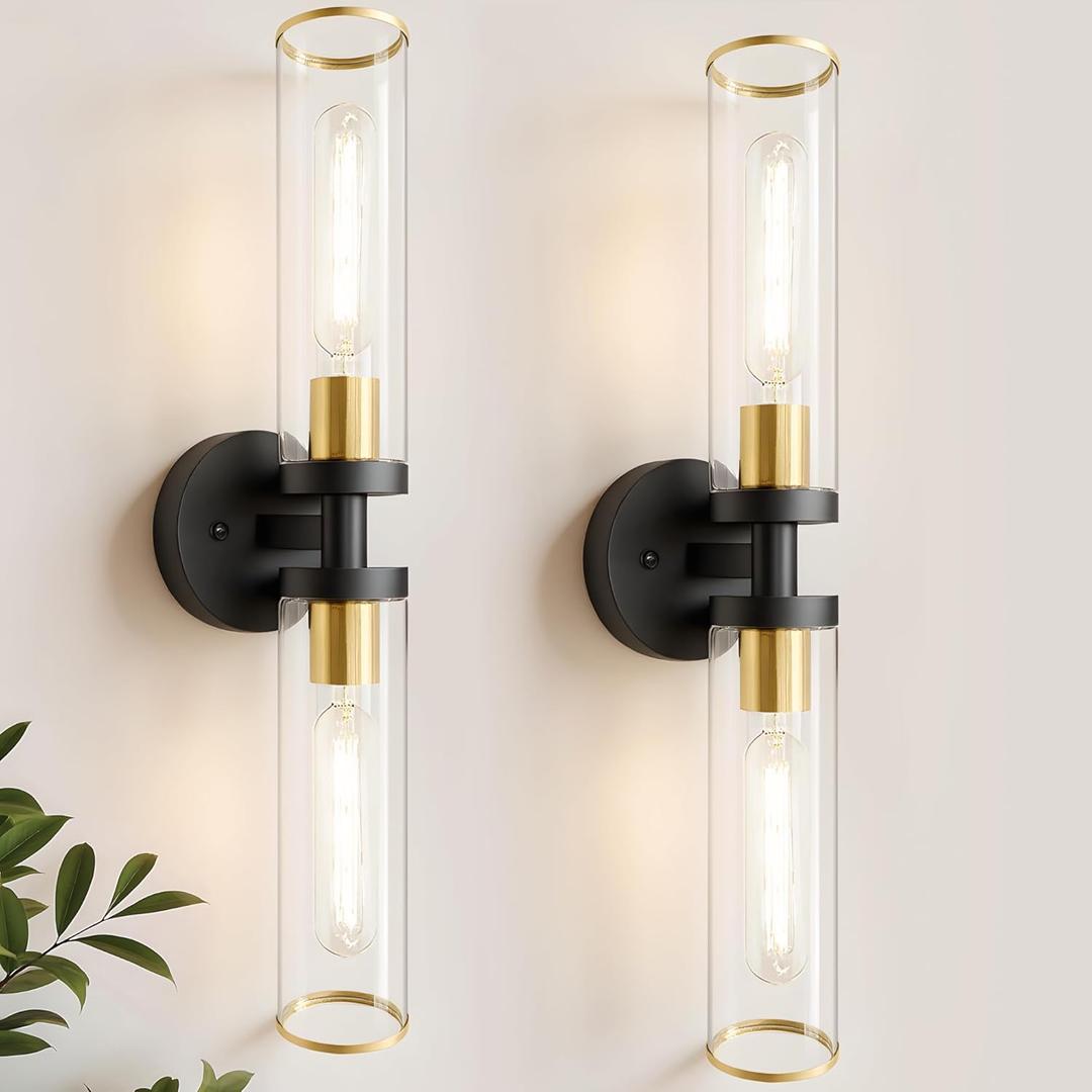 Wall Sconces Set of Two, Black and Gold Bathroom Wall Sconces with Clear Glass,Hardwired Modern Sconces Wall Decor Set of 2 Wall Light for Bathroom Mirror Bedroom Living Room Hallway Vanity