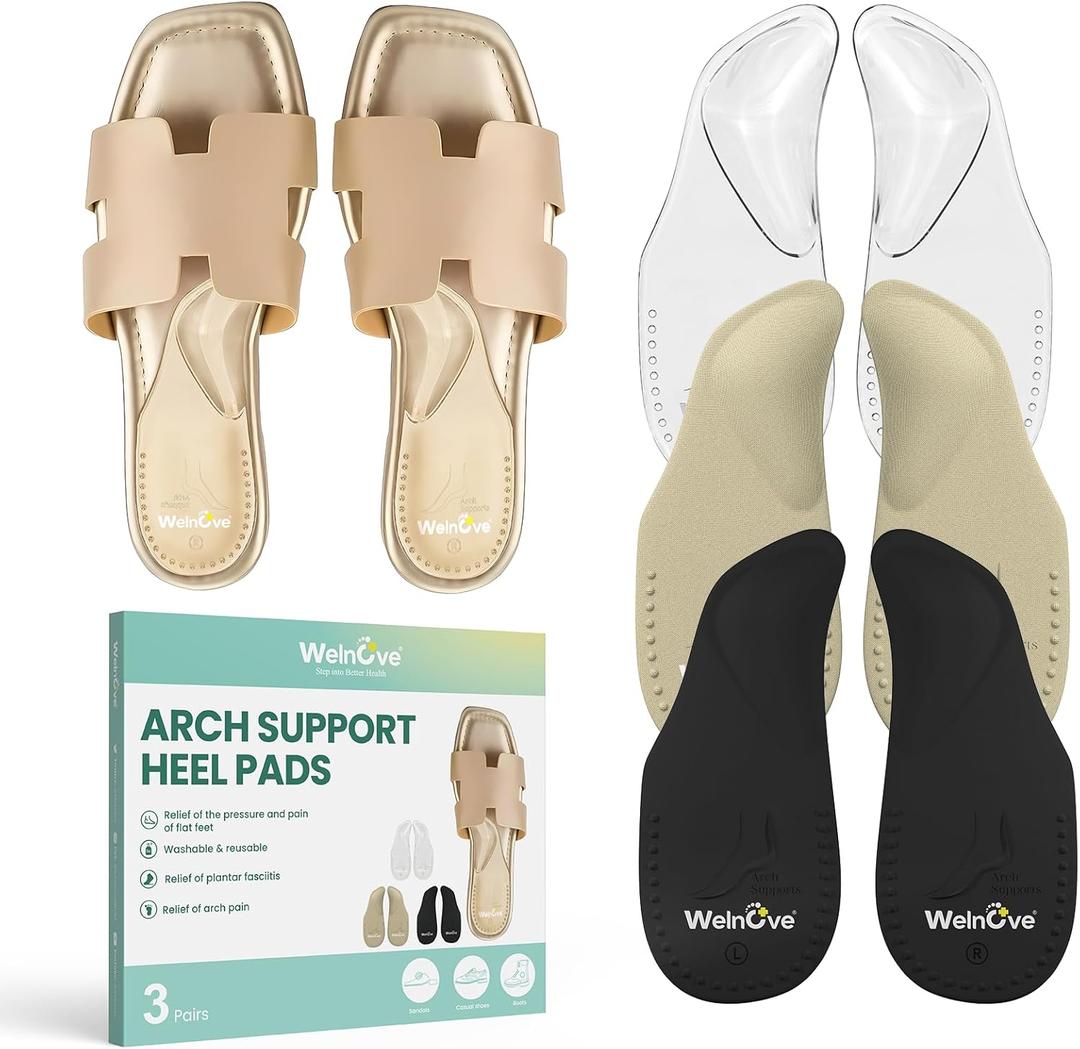 Welnove Arch Support Inserts for Plantar Fasciitis - Self Adhesive Gel Arch Supports for Flat Feet and Foot Pain Relief - Reusable Arch Cushion Pads for Sandals Slipper for Women & Men,3 Colors-Large