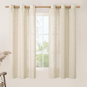 LAMIT Beige Linen Curtains 60 Inch Length for Kitchen, Light Filtering Short Drapes Bronze Grommet Window Treatment Panels for Bedroom/Small Windows, 2 Panels, 34 x 60 Inch