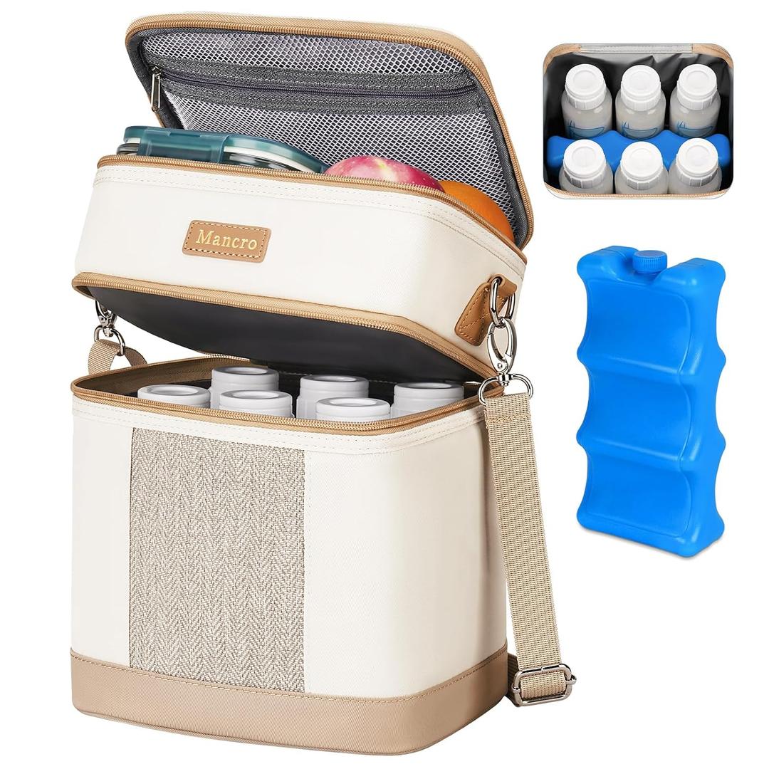 Mancro Breastmilk Cooler Bag with Ice Pack, Double Layer Insulated Baby Bottles Bag Fits 6 Bottles Up to 9 Ounces, Portable Breast Pump Cooler Travel Bag for Daycare and Nursing Moms, Beige