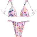 Women's High Waisted Bikini Set Floral Print Spaghetti Strap Smocked Wireless Bathing Suit Swimsuit 2 Piece Set (X-Small, Light Pink)
