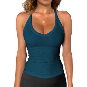 iGENJUN Workout Tops for Women Racerback Basic Tank Summer 2025 Camisole V Neck Slim Fit Ribbed Sleeveless (Medium, Teal)