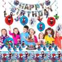FOR CARTOON SPIDEY THEMED BIRTHDAY PARTY SUPPLIES. THESE DECORATIONS INCLUDE "HAPPY BIRTHDAY" BANNERS, TABLEWARE, TABLECLOTHS, BALLOONS, LARGE AND SMALL SKEWERS, AND PARTY-THEMED DECORATION SETS