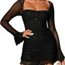 Women's Sheer Long Sleeve Sequin Bodycon Mini Dress Sexy Sparkly Ruched Mesh Party Going Out Dresses (Large, Black)