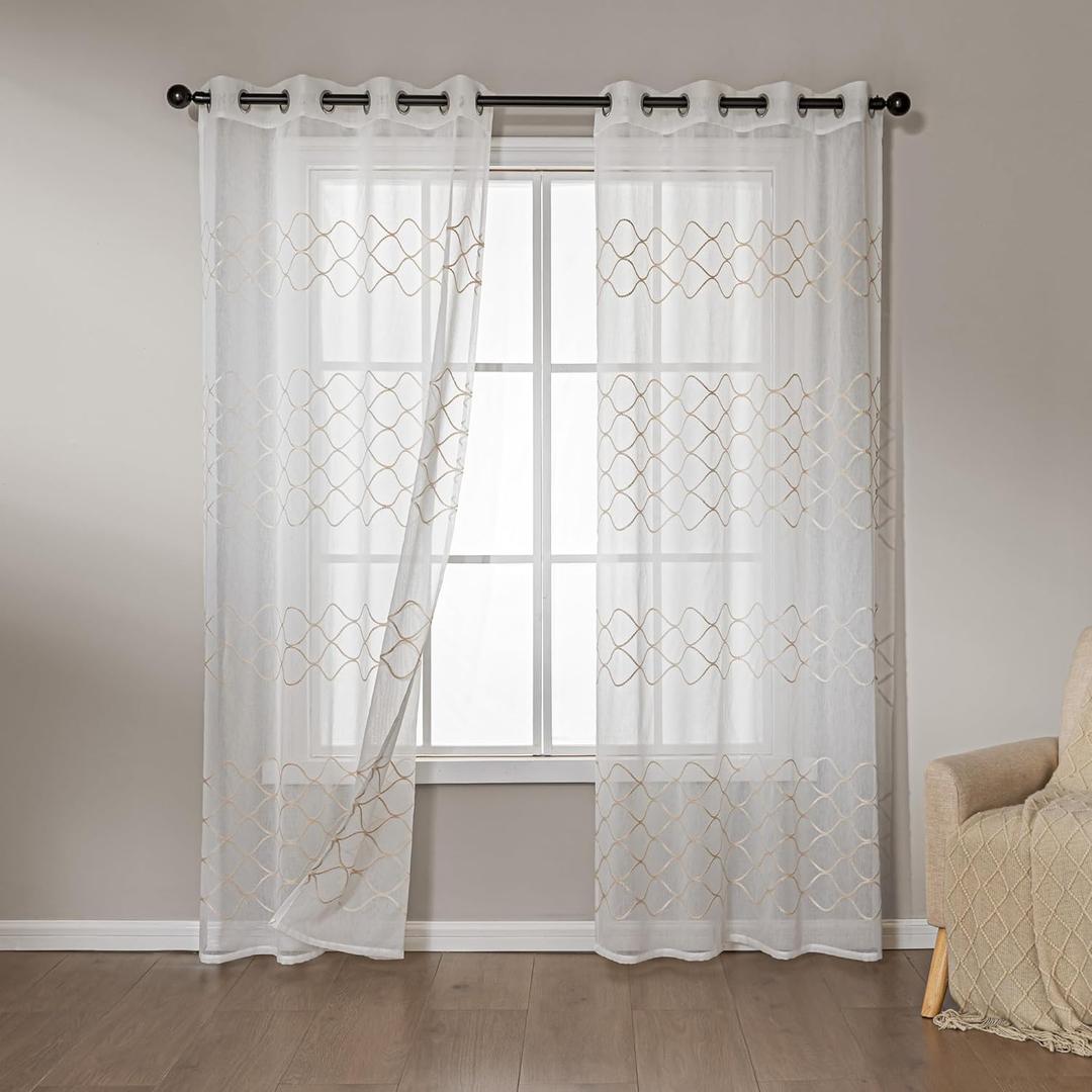 Amazon Basics 2-Piece Embroidery Sheer Curtain Set, Light Filtering Hollow Drapes for Living Room and Bedroom, 52" W 84" L, White Scale