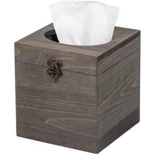 Distressed Farmhouse Square Solid Wood Tissue Box Cover with Slide-Out Bottom Panel Honey Brown Tissue Box Holder for Bathroom Living Room Dining Room Bedroom Toilet (Grey)