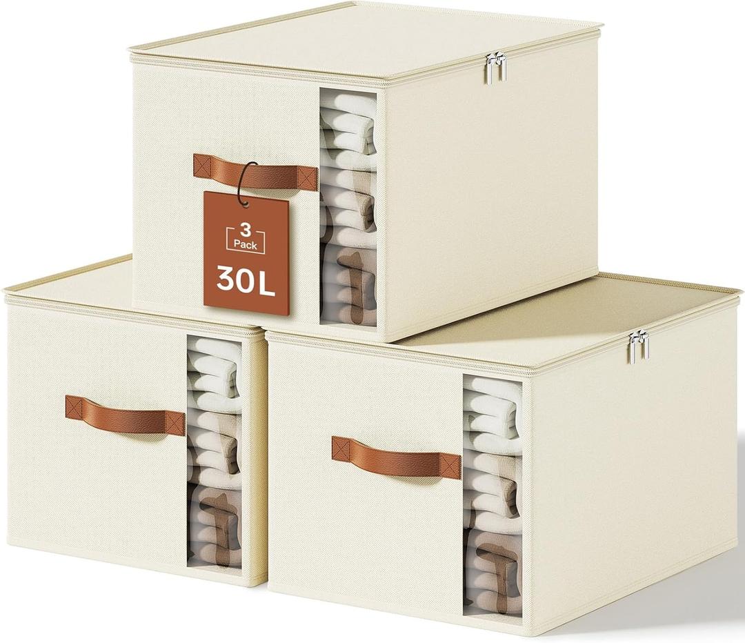 Clothes Storage Bins with Sturdy Frames, Foldable Fabric Clothing Organizer Box for Moving, Sweater Storage Cube with Lids and Zipper, Linen Closet Storage Bags for Blankets, Clothes, Sheet (Medium x 3 Packs, White)