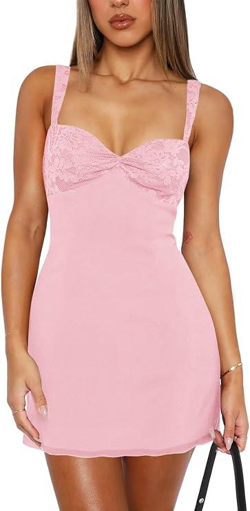 Women's Summer Mini Dresses Sleeveless Sexy Square Neck Lace Splicing Cocktail Party Straps Bodycon Dress, Size: S