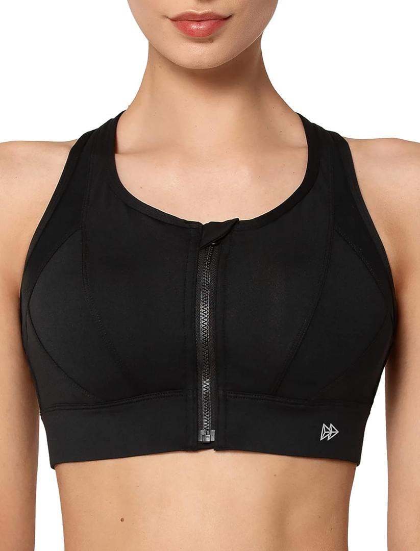 Yvette High Impact Zip Front Sports Bra Mesh Racerback Workout High Support Sports Bras for Women Large Breasts (X-Large Plus, Black)