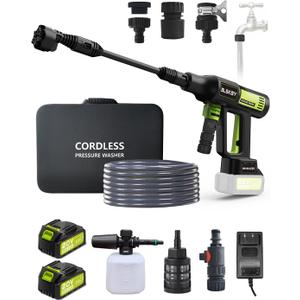 Portable Cordless Pressure Washer with Faucet Adapter - 2 Pack Batteries 1200PSI Cordless Power Washer Battery Operated with 6-in-1 Nozzle, Adjustable Foam Cannon LCD Touch Screen for Car Garden (Green)