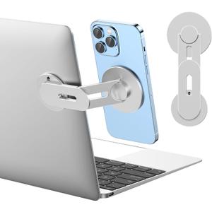 Magnetic Phone Holder for Laptop for MagSafe for iPhone 16/15/14/13/12 & All Phones, 180Adjustable Phone Side Mount for Computer Monitor for Tesla, Desktop Cell Phone Bracket (Silver)