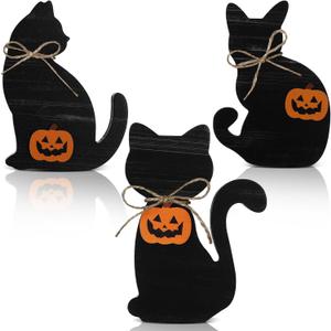 Redbaker 3 Pcs Halloween Decorations Indoor Vintage Black Cat Table Decor Retro Black Cat Wooden Block Sign Rustic Farmhouse Halloween Tiered Tray Decor for Tabletop Home Mantel Shelf Party Supplies
