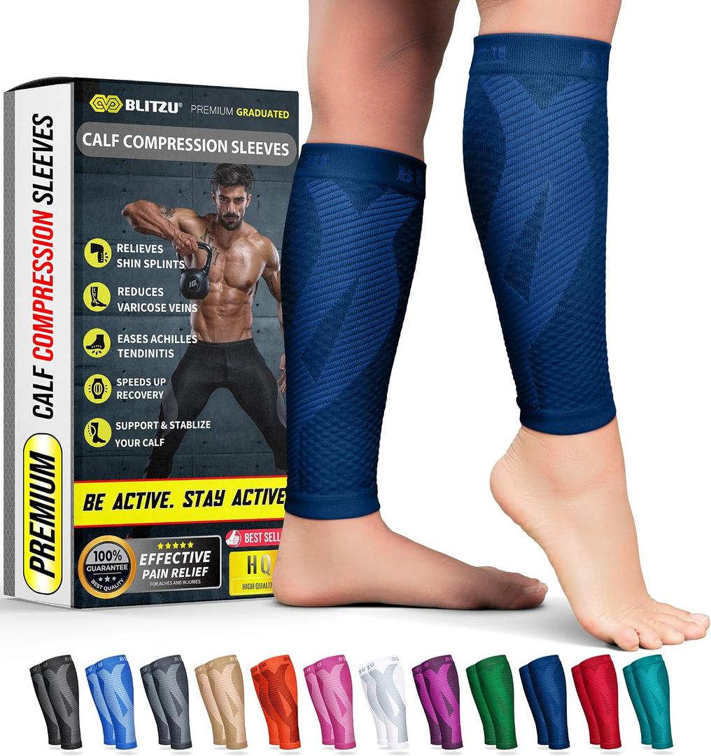 BLITZU Calf Compression Sleeves, Footless Compression Socks for Men & Women | Leg Support Brace, Shin Splint Pain Relief, Reduce Varicose Vein Swelling, Muscle Recovery, Running, Nursing, Fitness, Travel, S-M