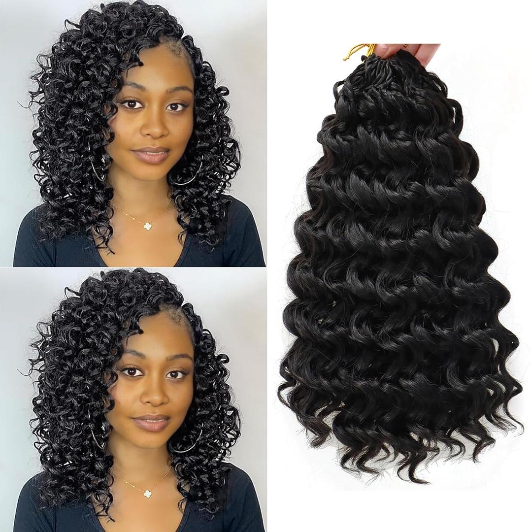 8Packs Curly Crochet Hair Boho Ocean Wave Crochet Hair 12Inch Pre Looped Crochet Hair for Black Women Pre Twisted Bench Curl Crotchet Hair(1B, 12inch)