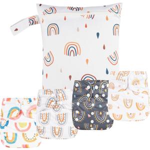 HappyFlute 9 Sets Newborn Baby Cloth Pocket Diapers Adjustable Reusable for Baby Boys and Girls(6-33 pounds,0-3 Years),One Wet Bag+4Diapers and 4Inserts (AD06)