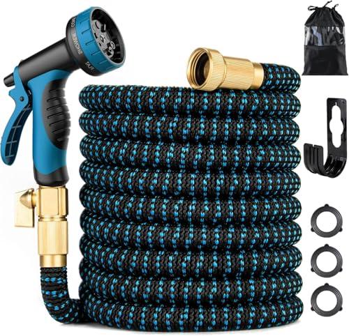75 ft Expandable Garden Hose - Kink Free Flexible Water Hose 75ft with 10 Pattern Spray Nozzle, 3/4 Solid Brass Connectors, Retractable Latex Core - Lightweight Expanding Hose